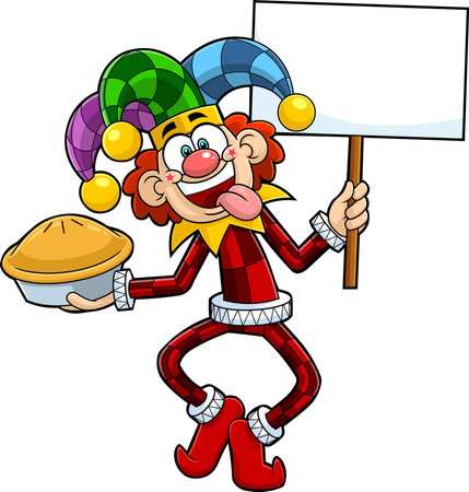 Laughing Jolly Jester Cartoon Character With Cake For Smear Face And Blank Sign. Vector Hand Drawn Illustration Isolated On Transparent Background.のイラスト素材