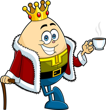 Smiling King Egg Cartoon Character Drinking Coffee. Vector Hand Drawn Illustration Isolated On Transparent Backgroundのイラスト素材
