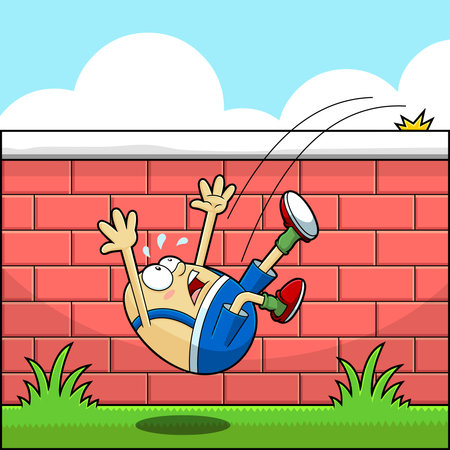 Humpty Dumpty Egg Cartoon Character Falling Off The Wall. Vector Hand Drawn Illustration With Backgroundのイラスト素材