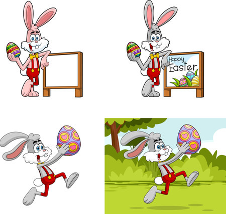 Easter Rabbit Cartoon Mascot Characters. Vector Hand Drawn Collection Set Isolated On Transparent Backgroundのイラスト素材