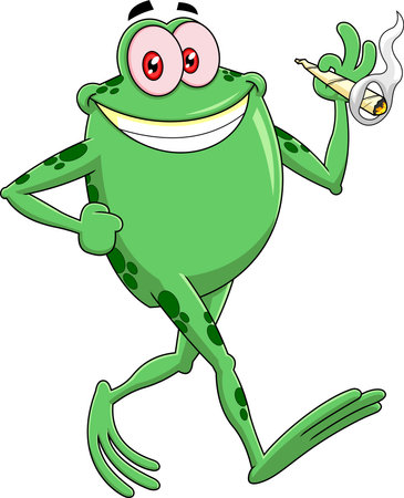 Funny Frog Cartoon Character Walking And Smoking A Joint. Vector Hand Drawn Illustration Isolated On Transparent Backgroundのイラスト素材