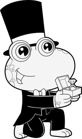 Outlined Cute Groom Frog Cartoon Character Giving Engagement Diamond Ring. Vector Hand Drawn Illustration Isolated On Transparent Backgroundのイラスト素材