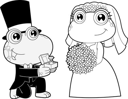 Outlined Cute Frogs Cartoon Characters Newlyweds. Vector Hand Drawn Illustration Isolated On Transparent Backgroundのイラスト素材