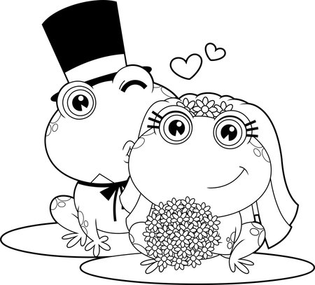 Outlined Cute Frogs Cartoon Characters Newlyweds. Vector Hand Drawn Illustration Isolated On Transparent Backgroundのイラスト素材