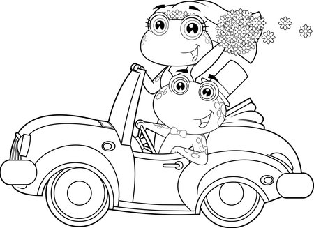 Outlined Just Married Frogs Cartoon Characters In Car. Vector Hand Drawn Illustration Isolated On Transparent Backgroundのイラスト素材