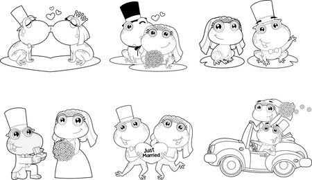 Outlined Cute Frogs Cartoon Characters Newlyweds. Vector Hand Drawn Collection Set Isolated On Transparent Backgroundのイラスト素材