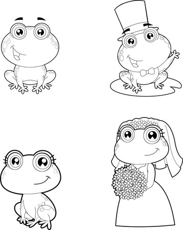 Outlined Cute Frogs Cartoon Characters Newlyweds. Vector Hand Drawn Collection Set Isolated On Transparent Backgroundのイラスト素材