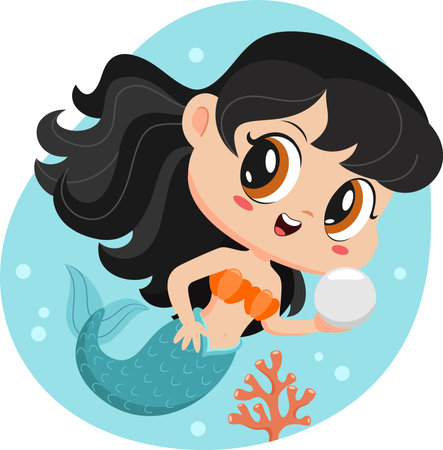 Cute Little Mermaid Girl Cartoon Character Swims Underwater With Big Pearl. Vector Illustration Flat Design Isolated On Transparent Backgroundのイラスト素材