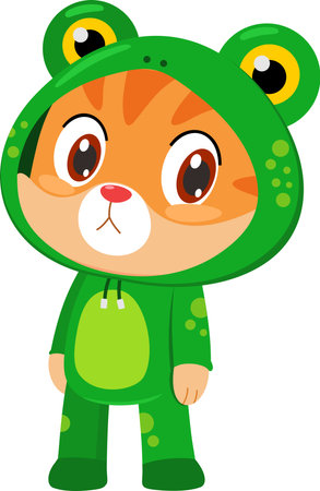 Cute Baby Cat Cartoon Character In Frog Costume. Vector Illustration Flat Design Isolated On Transparent Backgroundのイラスト素材