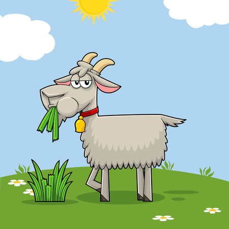 Funny Goat Cartoon Character Eating A Grass On A Hill. Vector Hand Drawn Illustration With Landscape Backgroundのイラスト素材