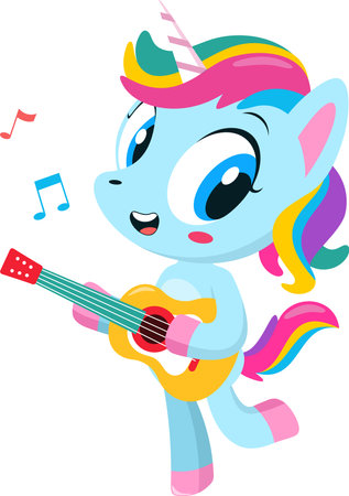 Cute Magical Baby Unicorn Cartoon Character Sings and Plays Guitar. Vector Illustration Flat Design Isolated On Transparent Backgroundのイラスト素材