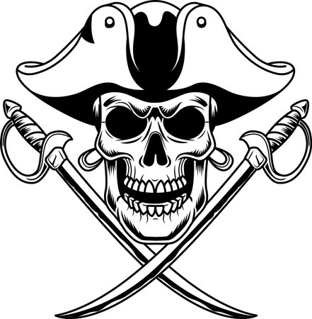 Outlined Pirate Skull With Two Sabres Graphic Logo Design. Vector Hand Drawn Illustration Isolated On Transparent Backgroundのイラスト素材