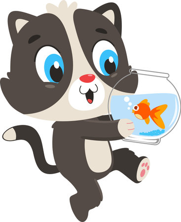 Cute Baby Cat Cartoon Character Running With Aquarium And Fish. Vector Illustration Flat Design Isolated On Transparent Backgroundのイラスト素材