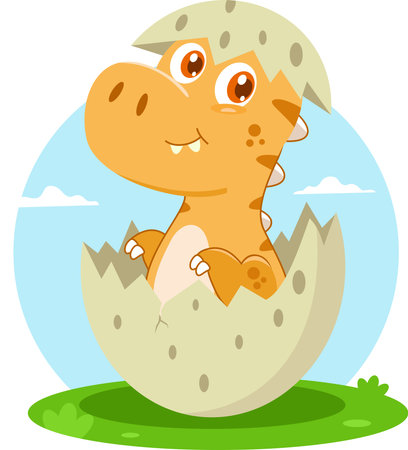 Cute Baby Dinosaur Cartoon Character Hatching From Egg. Vector Illustration Flat Design Isolated On Transparent Backgroundのイラスト素材