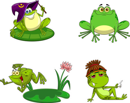 Green Frog Cartoon Characters. Vector Hand Drawn Collection Set Isolated On Transparent Backgroundのイラスト素材