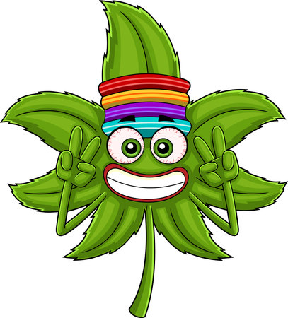 Smiling Marijuana Leaf Cartoon Character Showing Peace Hand Sign. Vector Hand Drawn Illustration Isolated On Transparent Backgroundのイラスト素材