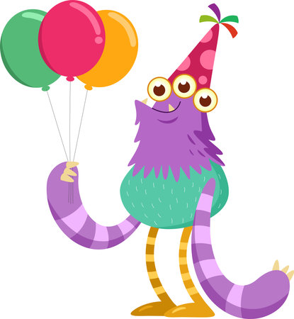 Birthday Monster Cartoon Character With A Party Hat Holding A Balloons. Vector Illustration Flat Design Isolated On Transparent Backgroundのイラスト素材