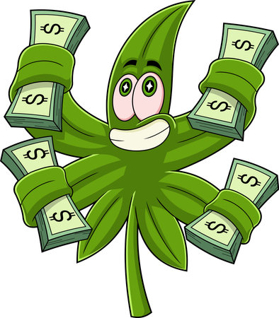 Smiling Marijuana Leaf Cartoon Character Holding Wads Of Dollars. Vector Hand Drawn Illustration Isolated On Transparent Backgroundのイラスト素材