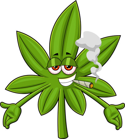 Funny Marijuana Leaf Cartoon Character Smoking A Joint With Opened Arms. Vector Hand Drawn Illustration Isolated On Transparent Backgroundのイラスト素材