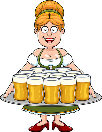 Oktoberfest Woman Waitress Cartoon Character In Traditional Bavarian Clothes Holding Tray Beer Glasses. Vector Hand Drawn Illustration Isolated On Transparent Backgroundのイラスト素材