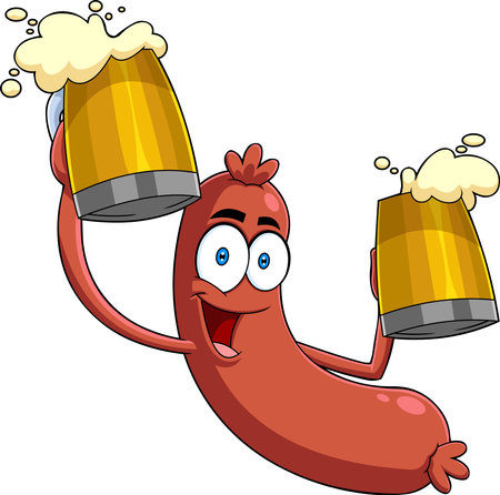 Happy Sausage Cartoon Character Holding Two Mugs Of Beer. Vector Hand Drawn Illustration Isolated On Transparent Backgroundのイラスト素材