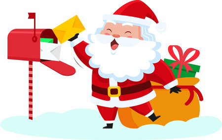 Santa Claus Cartoon Character Takes Letters From Mail Box. Vector Illustration Flat Design Isolated On Transparent Backgroundのイラスト素材