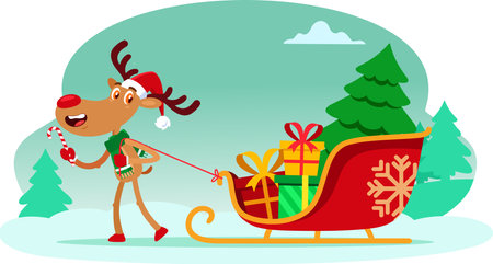 Happy Reindeer Cartoon Character Pulls A Sleigh With Gift Boxes And A Christmas Tree. Vector Illustration Flat Design Isolated On Transparent Backgroundのイラスト素材