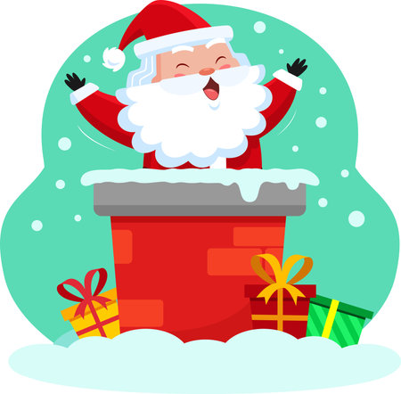 Happy Santa Claus Cartoon Character In The Chimney. Vector Illustration Flat Design Isolated On Transparent Backgroundのイラスト素材