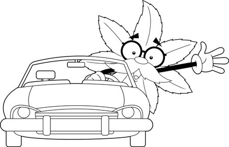 Outlined Marijuana Leaf Professor Cartoon Character Waving From Red Car. Vector Hand Drawn Illustration Isolated On Transparent Backgroundのイラスト素材