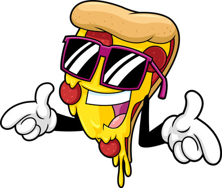 Funny Pizza Slice Cartoon Character With Sunglasses. Vector Hand Drawn Illustration Isolated On Transparent Backgroundのイラスト素材