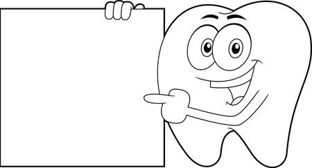Outlined Happy Tooth Cartoon Character Pointing To Blank Sign. Vector Hand Drawn Illustration Isolated On Transparent Backgroundのイラスト素材