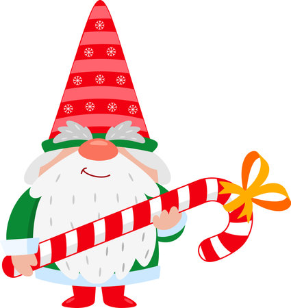 Cute Christmas Gnome Cartoon Character Holding Big Candy Cane Gift. Vector Illustration Flat Design Isolated On Transparent Backgroundのイラスト素材