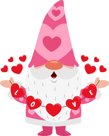 Cute Valentine Gnome Cartoon Character Holding Hearts With Text Love. Vector Illustration Flat Design Isolated On Transparent Backgroundのイラスト素材