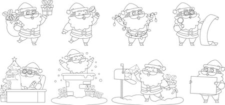 Outlined Santa Claus Cartoon Character In Different Poses. Vector Hand Drawn Collection Set Isolated On Transparent Backgroundのイラスト素材