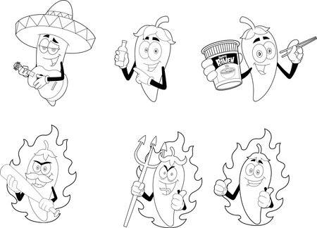 Outlined Funny Hot Chili Pepper Cartoon Characters. Vector Hand Drawn Collection Set Isolated On Transparent Backgroundのイラスト素材