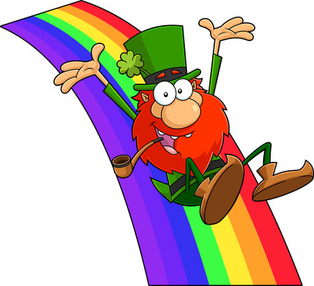 Happy Leprechaun Cartoon Character Riding A Rainbow. Vector Hand Drawn Illustration Isolated On Transparent Backgroundのイラスト素材