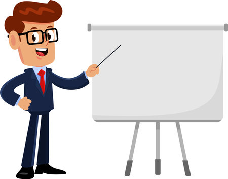 Businessman Cartoon Character Pointing On A Blank Board. Vector Illustration Flat Design Isolated On Transparent Backgroundのイラスト素材