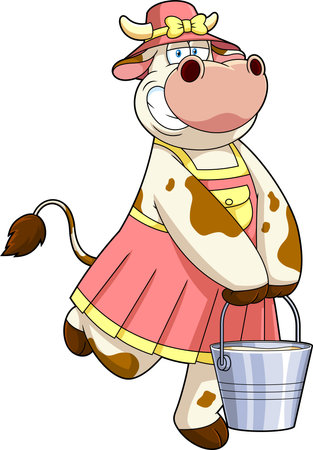Cute Cow Cartoon Character With A Bucket Of Milk. Vector Hand Drawn Illustration Isolated On Transparent Backgroundのイラスト素材