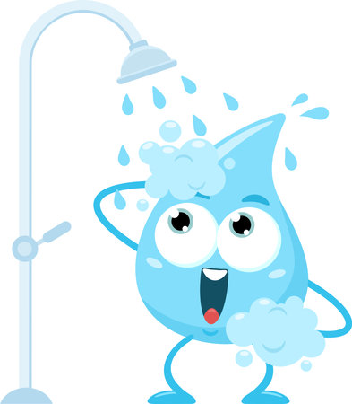 Happy Blue Water Drop Cartoon Character Take A Shower. Vector Illustration Flat Design Isolated On Transparent Backgroundのイラスト素材