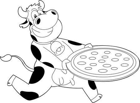 Outlined Smiling Cow Cartoon Character Running With Pepperoni Pizza. Vector Hand Drawn Illustration Isolated On Transparent Backgroundのイラスト素材
