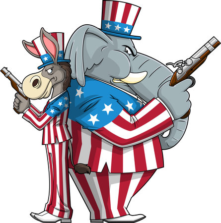 Democrat Donkey vs Republican Elephant Cartoon Characters Hold Pistols In A Duel. Vector Hand Drawn Illustration Isolated On Transparent Backgroundのイラスト素材