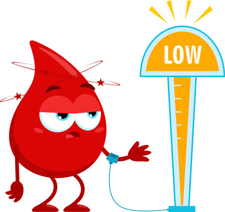 Cute Red Blood Drop Cartoon Character With Low Blood Pressure. Vector Illustration Flat Design Isolated On Transparent Backgroundのイラスト素材