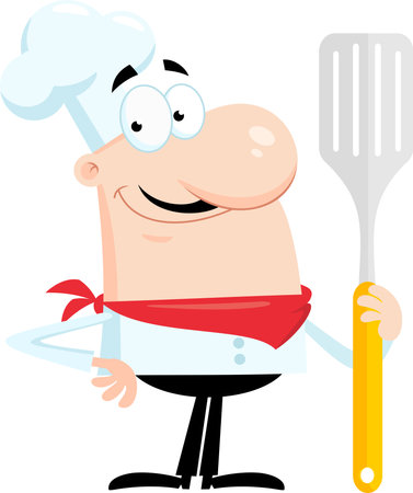 Smiling Chef Man Cartoon Character Holding A Big Spatula. Vector Illustration Flat Design Isolated On Transparent Backgroundのイラスト素材