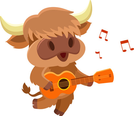 Cute Highland Cow Animal Cartoon Character Playing A Guitar And Singing. Vector Illustration Flat Design Isolated On Transparent Backgroundのイラスト素材