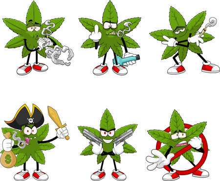 Marijuana Leaf Cartoon Characters. Vector Flat Design Collection Set Isolated On Transparent Backgroundのイラスト素材