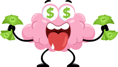 Rich Brain Cartoon Character With Dollar Eyes And Cash Money. Vector Illustration Flat Design Isolated On Transparent Backgroundのイラスト素材
