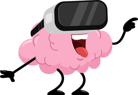 Funny Brain Cartoon Character Using Virtual Reality Glasses. Vector Illustration Flat Design Isolated On Transparent Backgroundのイラスト素材