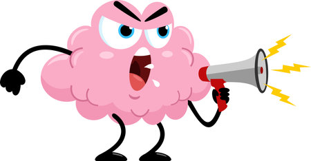Angry Brain Cartoon Character Screaming Into Megaphone. Vector Illustration Flat Design Isolated On Transparent Backgroundのイラスト素材