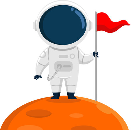 Cute Astronaut Cartoon Character Standing On A Planet And Holding Flag. Vector Illustration Flat Design Isolated On Transparent Backgroundのイラスト素材