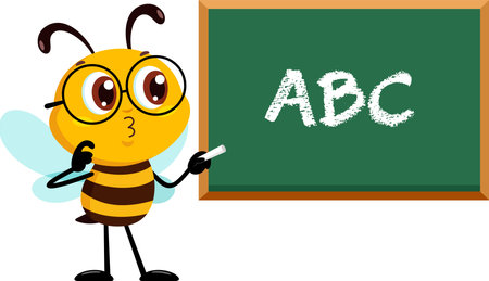 Cute School Bee Cartoon Character Writing On Blackboard ABC. Vector Illustration Flat Design Isolated On Transparent Backgroundのイラスト素材